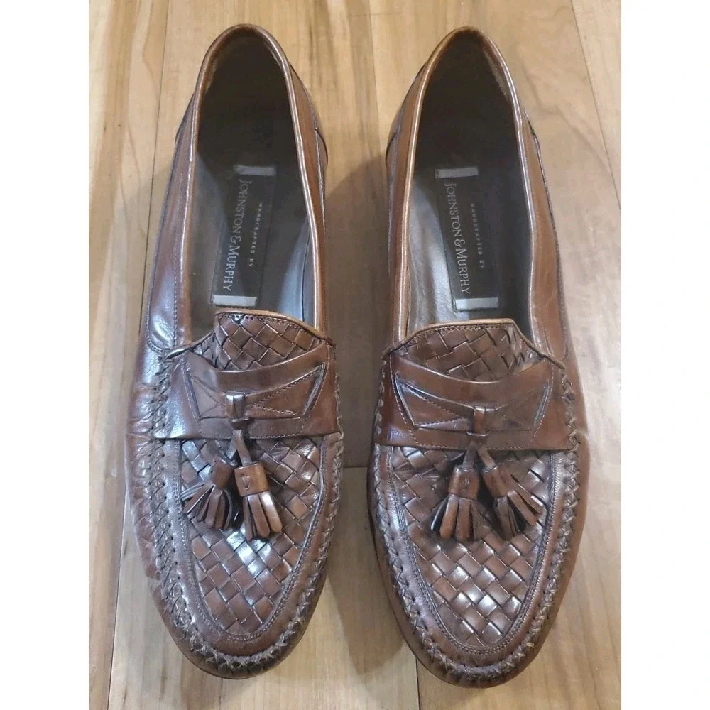 JOHNSTON MURPHY Dress Shoes Brown Woven Leather Italian Tassel Loafers Size 9M‎